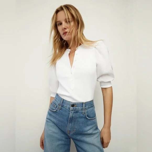 Veronica Beard Coralee Ribbed Knit Puff Sleeve Henley Top White Small - Picture 8 of 8